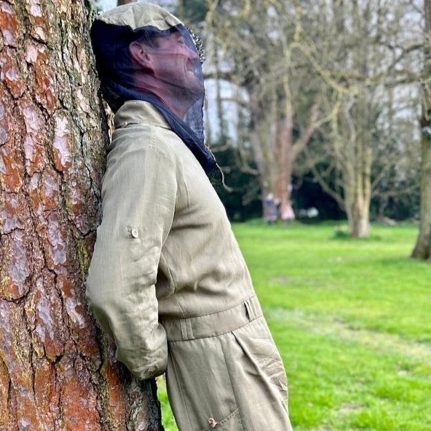 Mozzie Cozzie in male body form/unisex - pictured in ActionMan Khaki/Olive with dropped waist and olive wood buttons. Our model, Andrew wears our male body from/unisex M/L Regular size being 5'9'' UK size medium.