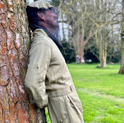 Mozzie Cozzie in male body form/unisex - pictured in ActionMan Khaki/Olive with dropped waist and olive wood buttons. Our model, Andrew wears our male body from/unisex M/L Regular size being 5'9''  UK size medium.