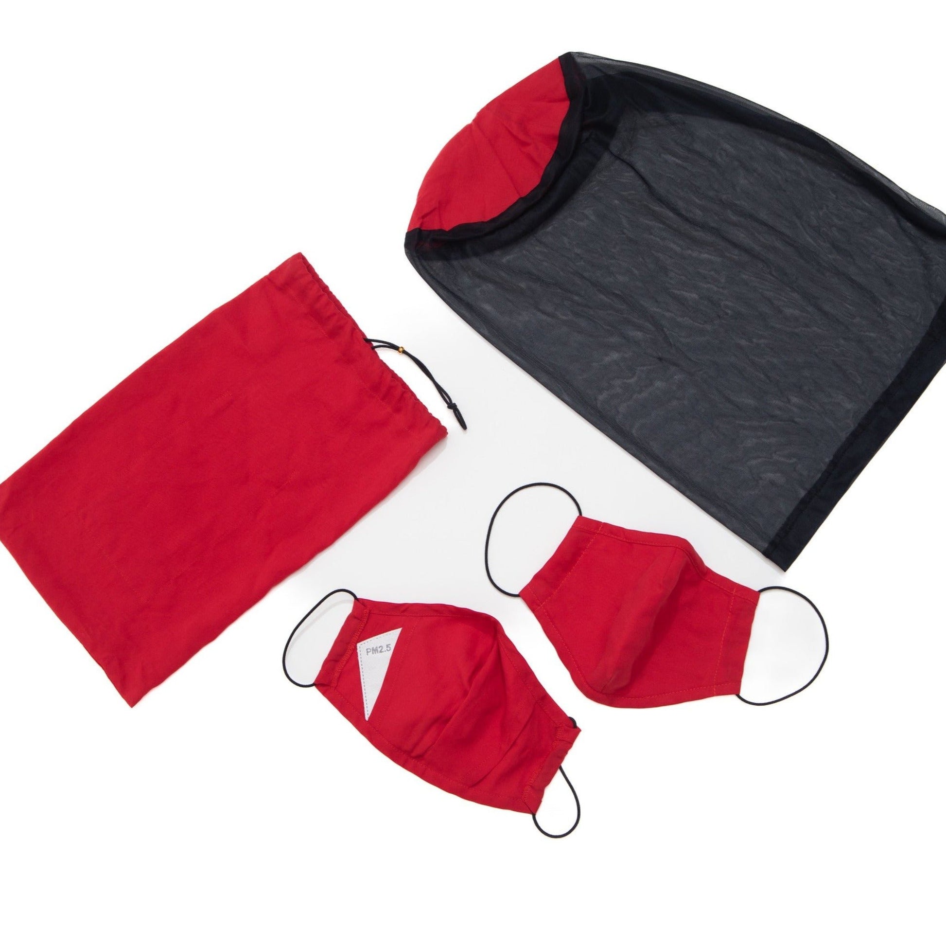 Mozzie Cozzie's mask, one size - part of a set sold with Mozzie Cozzie jumpsuits or separately as accessories (replaceable or reorderable) - masks pictured here in context of the set of accessories available are shown in SquidGame Bright Red and photographed both front and back - insertion of face mask filters purchased off official certified sites.