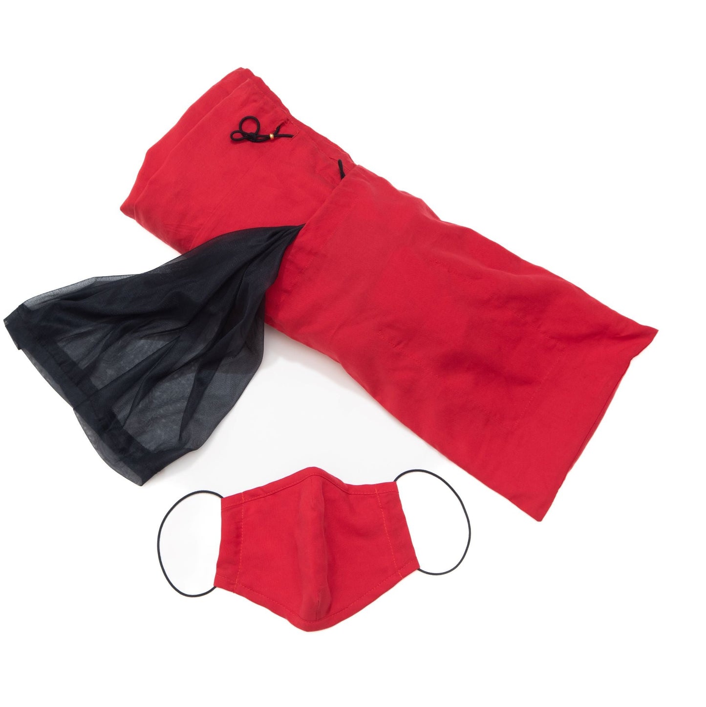 Mozzie Cozzie Travel Bag - fits it all in tidily! Roll your jumpsuit and store the hood without snagging and mask hygienically in the inside travel bag pocket.  Photographed here in one size in SquidGame Bright Red.